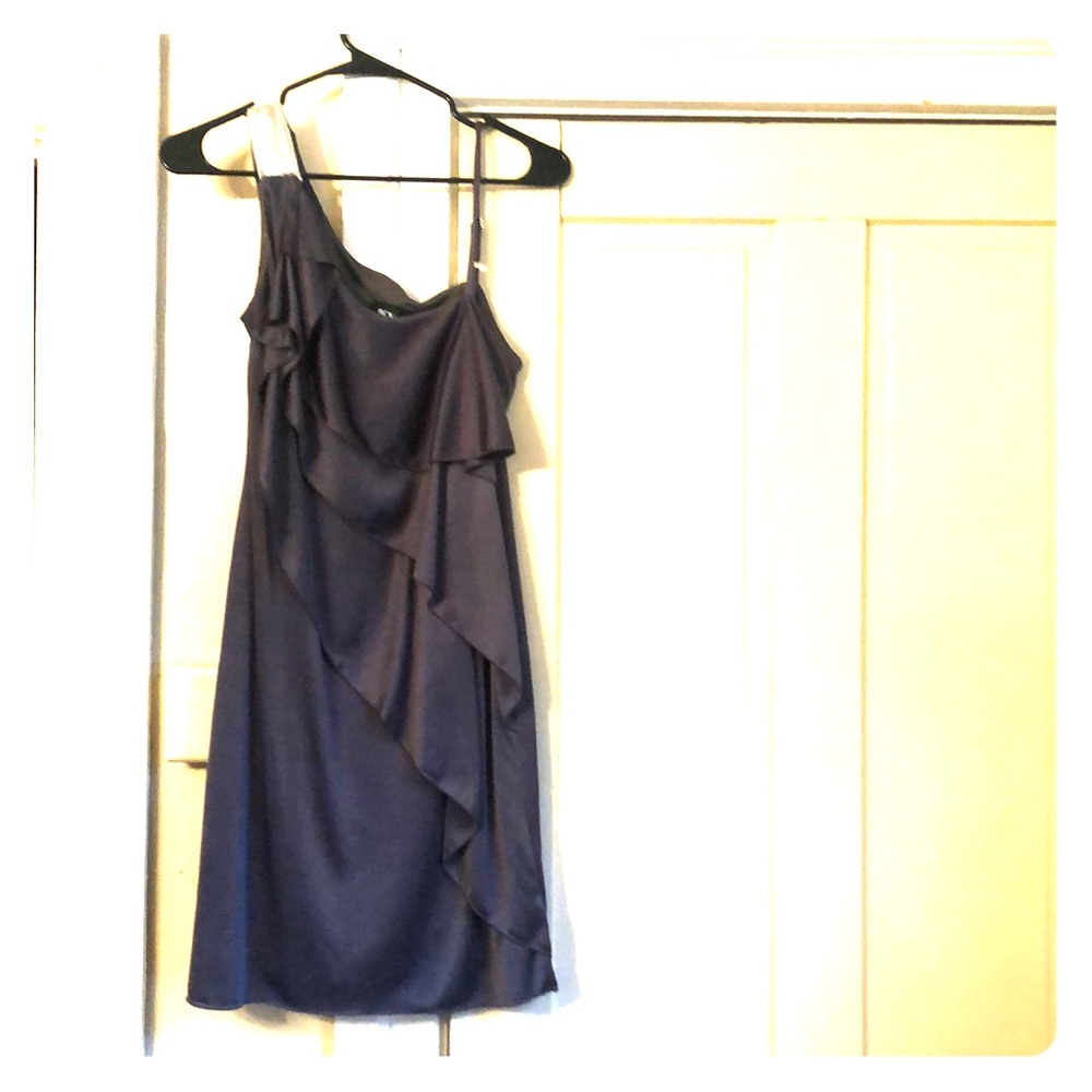 Gray one shoulder cocktail dress.